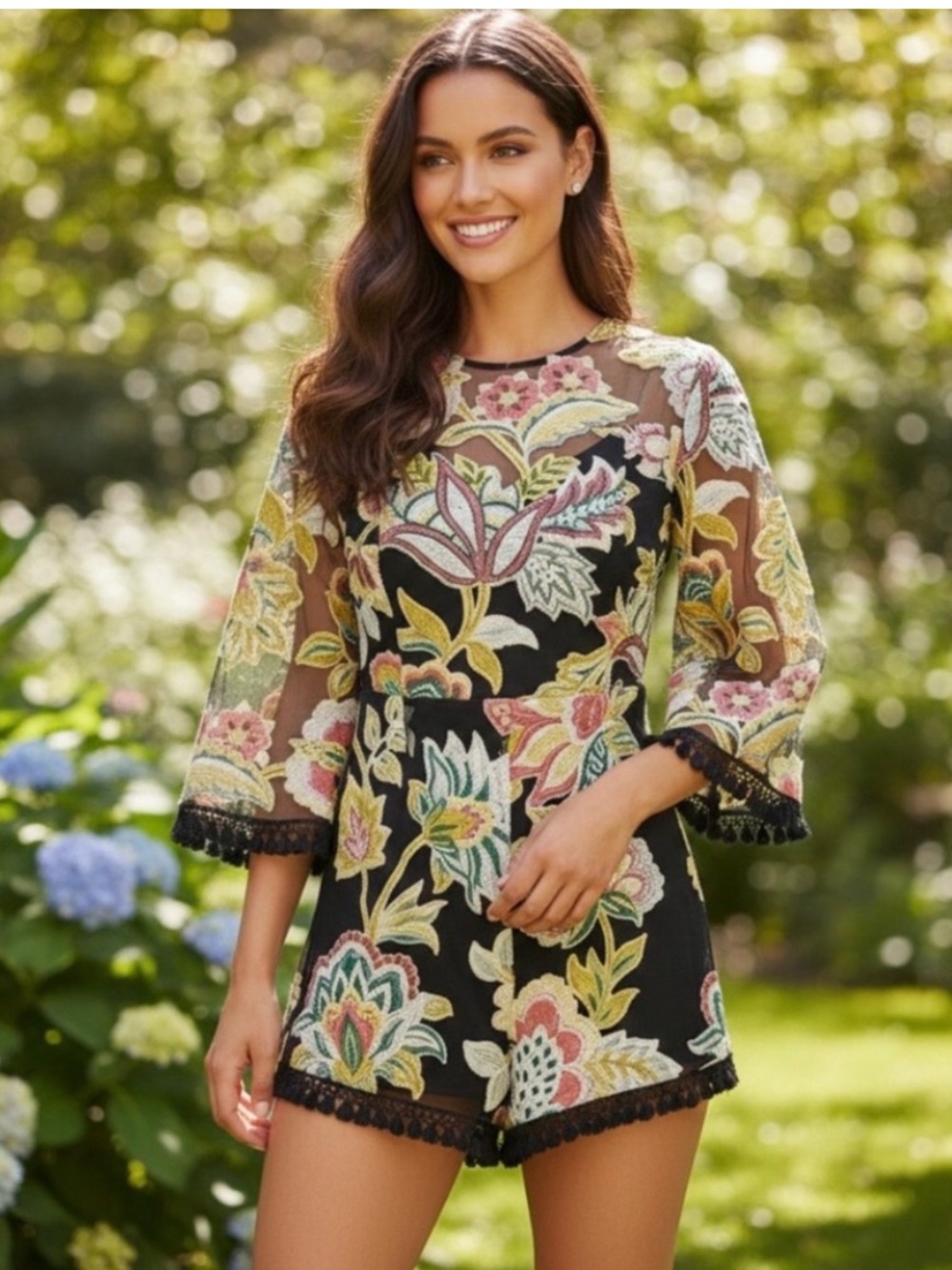 Entro Black Floral Embroidered Romper Medium